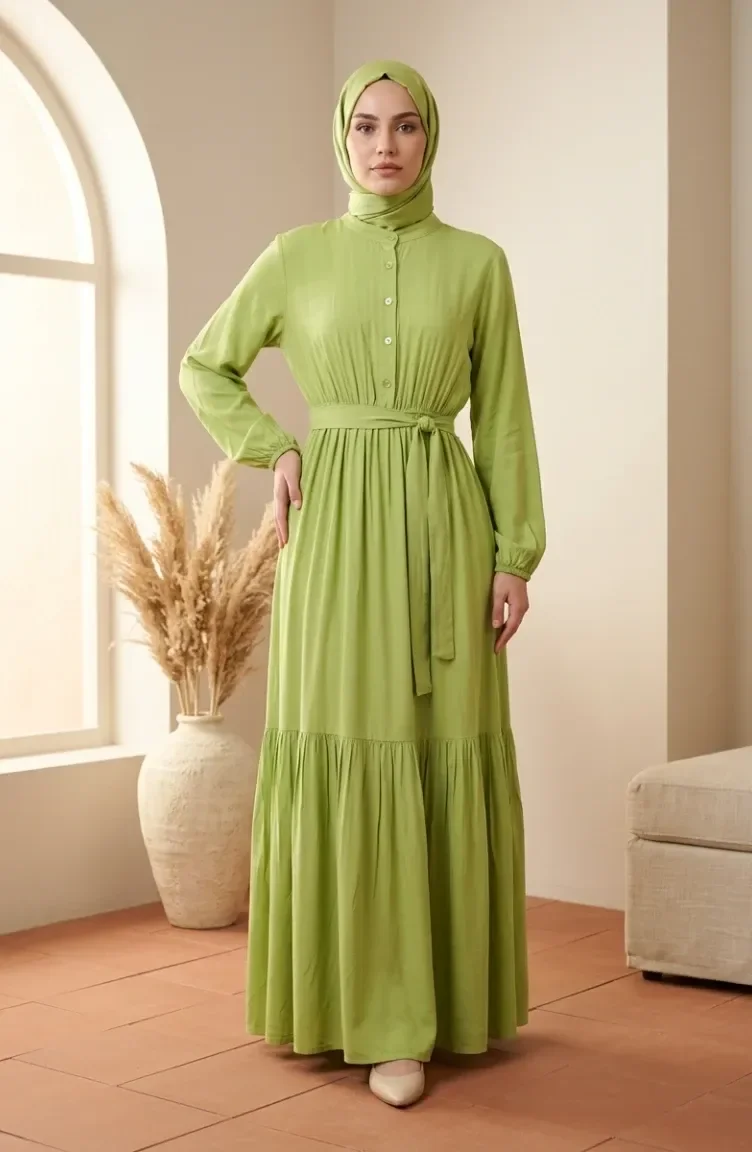 Robe Modeste à Col Mandarin Et Taille élastiquée 0326-05 Vert Pistache 0326-05