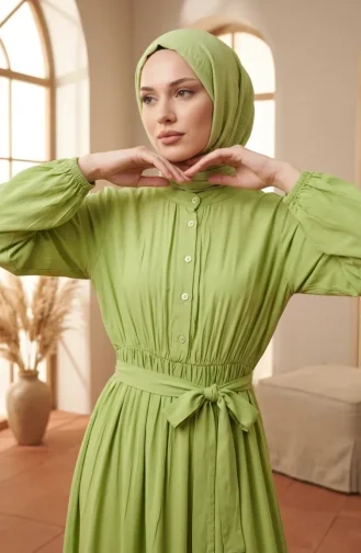 Robe Modeste à Col Mandarin Et Taille élastiquée 0326-05 Vert Pistache 0326-05