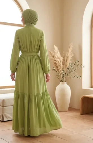 Robe Modeste à Col Mandarin Et Taille élastiquée 0326-05 Vert Pistache 0326-05