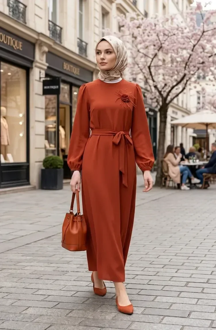Broş Detaylı Elbise 0017-07 Kiremit