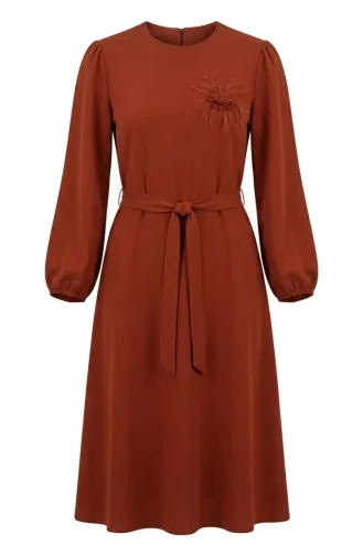 Broş Detaylı Elbise 0017-07 Kiremit
