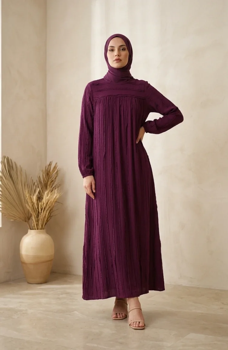 Robe Hijab à Volants Et Manches élastiquées 0560-01 Prune 0560-01