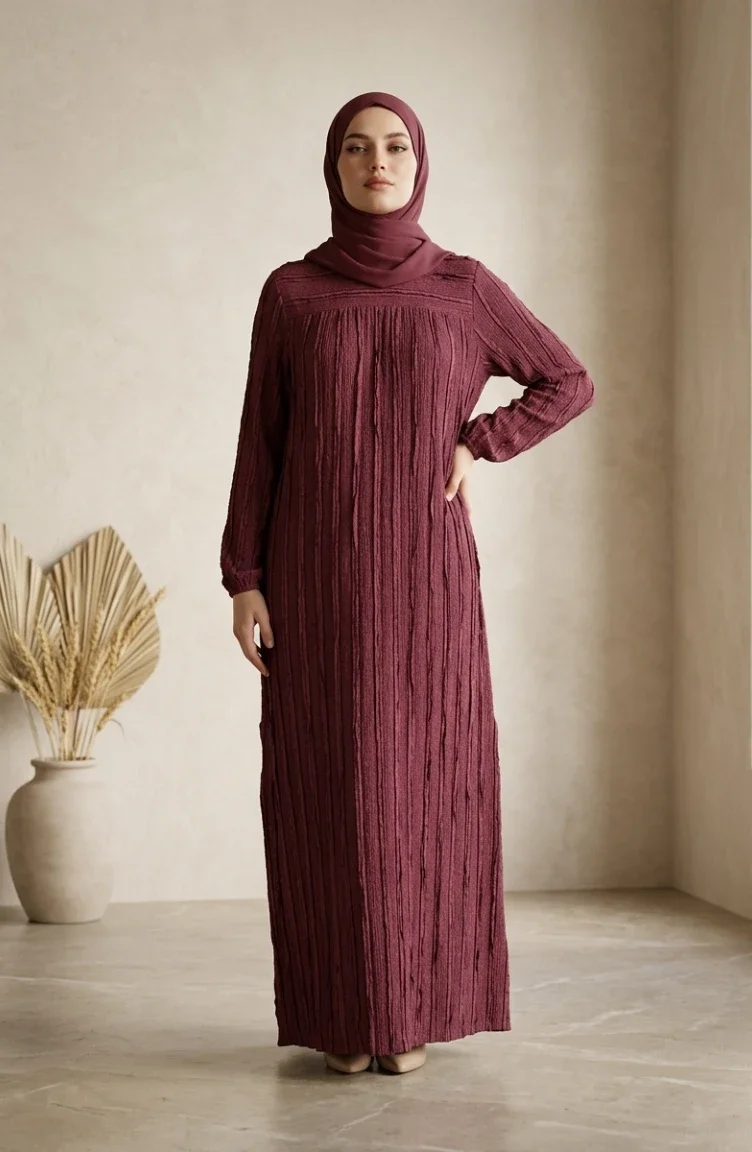 Rüschenbesetztes Hijab-Kleid Mit Elastischen Ärmeln 0560-02 Lila 0560-02