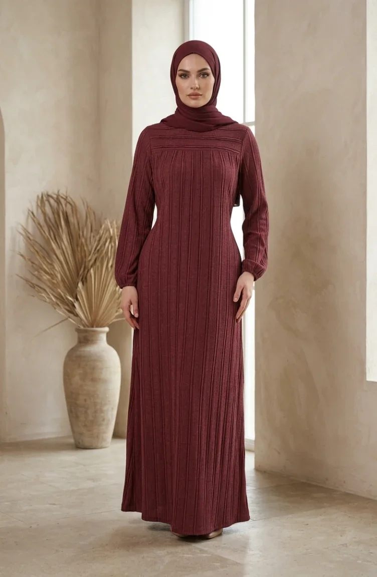 Robe Hijab à Volants Et Manches élastiquées 0560-03 Bordeaux 0560-03