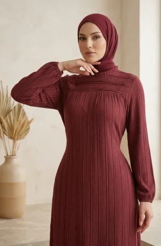 Robe Hijab à Volants Et Manches élastiquées 0560-03 Bordeaux 0560-03