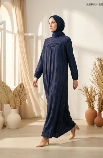 Robe Hijab à Volants Et Manches élastiquées 0560-05 Bleu Marine 0560-05