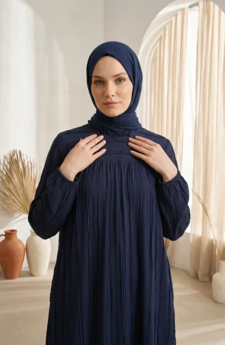 Robe Hijab à Volants Et Manches élastiquées 0560-05 Bleu Marine 0560-05