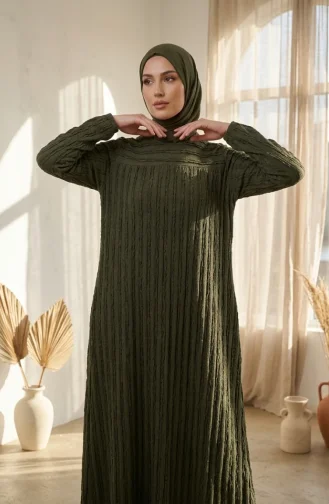 Rüschenbesatz Hijab-Kleid Mit Elastischen Ärmeln 0560-06 Khaki 0560-06