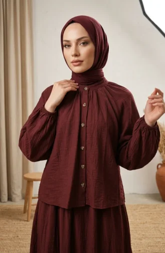 طقم حجاب من قطعتين بياقة صينية وأزرار، رقم الموديل 2284-04، لون بني 2284-04