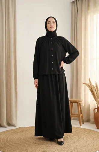 طقم حجاب من قطعتين بياقة صينية وأزرار، أسود، رقم الموديل 2284-05 2284-05