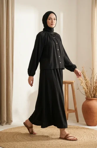 طقم حجاب من قطعتين بياقة صينية وأزرار، أسود، رقم الموديل 2284-05 2284-05