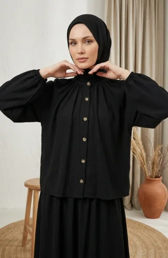 طقم حجاب من قطعتين بياقة صينية وأزرار، أسود، رقم الموديل 2284-05 2284-05