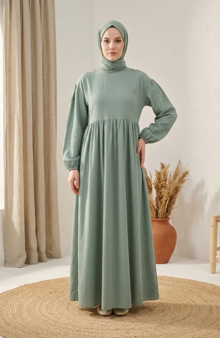 Knitterstoff-Hijabkleid Mit Raffung 2283-01 Hellgrün 2283-01