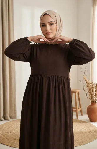 فستان حجاب مكشكش من قماش مجعد 2283-02 بني 2283-02