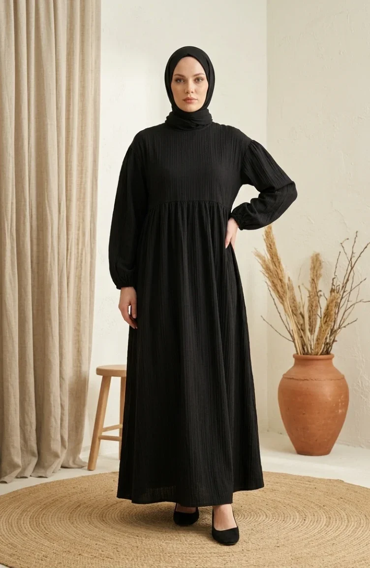 Geplooide Hijabjurk Van Kreukelstof 2283-03 Zwart 2283-03