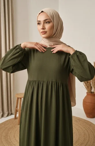 فستان حجاب مكشكش من قماش مجعد 2283-05 كاكي 2283-05