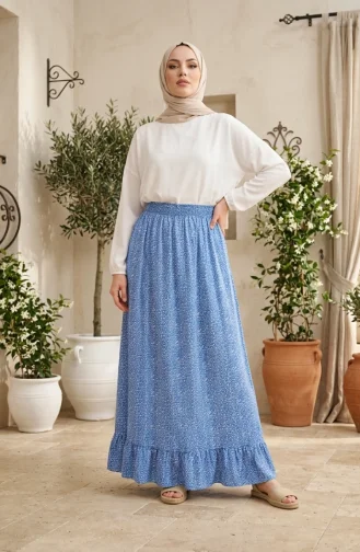 Jupe à Taille élastique Et Motif Floral 0308-01 Bleu 0308-01
