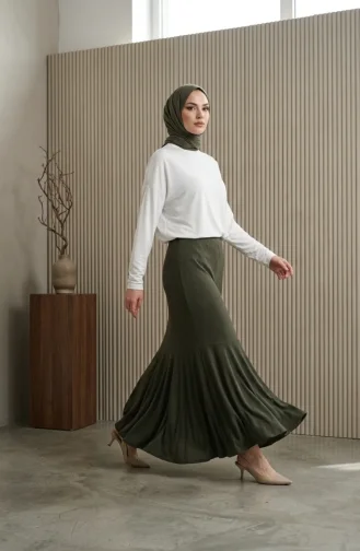 Jupe En Crêpe Kaki à Taille élastiquée Et Froncée 0561-02 0561-02