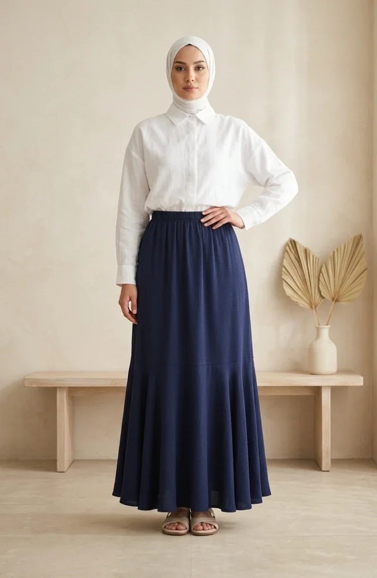 Jupe En Crêpe Bleu Marine Taille élastiquée Et Froncée 0561-06 0561-06