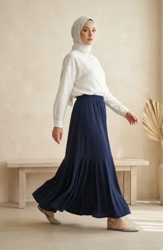Jupe En Crêpe Bleu Marine Taille élastiquée Et Froncée 0561-06 0561-06
