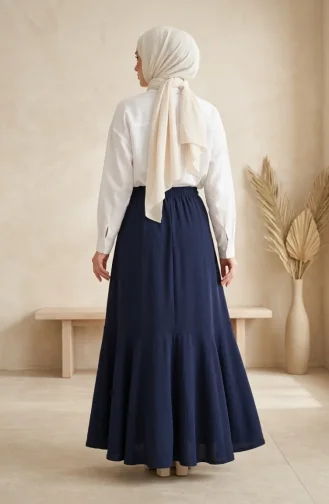 Jupe En Crêpe Bleu Marine Taille élastiquée Et Froncée 0561-06 0561-06