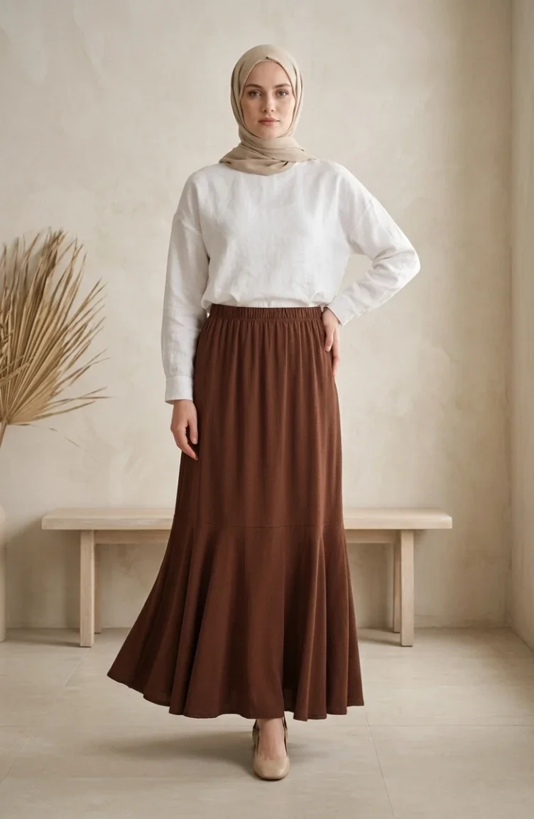 Jupe En Crêpe Marron à Taille élastiquée Et Fronces 0561-07 0561-07