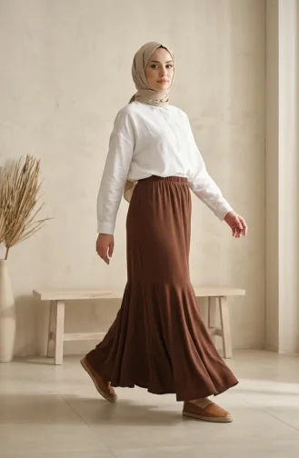 Jupe En Crêpe Marron à Taille élastiquée Et Fronces 0561-07 0561-07