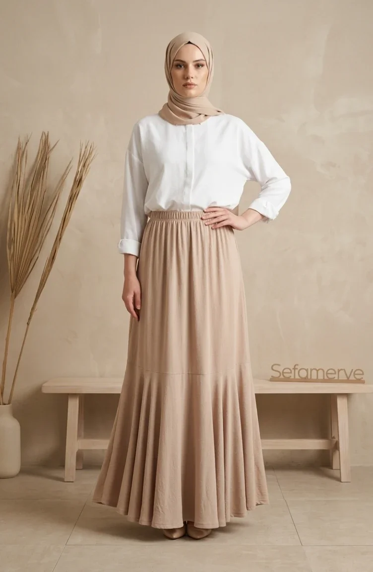 Jupe En Crêpe Beige à Taille élastiquée Et Fronces 0561-09 0561-09