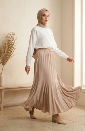 Jupe En Crêpe Beige à Taille élastiquée Et Fronces 0561-09 0561-09