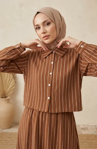 Gestreiftes Modal-Hemdkragen-Hijab-Zweiteiler-Set 0328-01 Braun 0328-01
