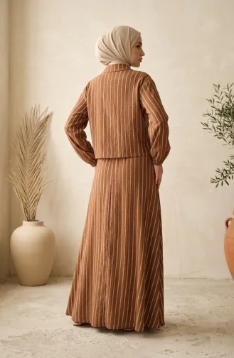 Gestreiftes Modal-Hemdkragen-Hijab-Zweiteiler-Set 0328-01 Braun 0328-01