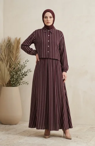 Çizgili Modal Gömlek Yaka Tesettür ikili Takım 0328-02 Mor