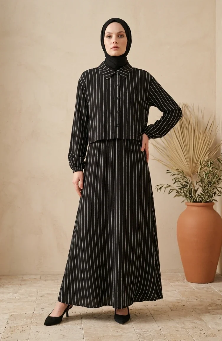 Gestreiftes Modal-Hijab-Set Mit Hemdkragen Zweiteilig 0328-03 Schwarz 0328-03
