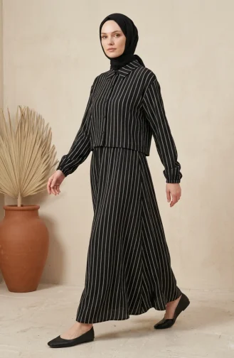 Gestreiftes Modal-Hijab-Set Mit Hemdkragen Zweiteilig 0328-03 Schwarz 0328-03