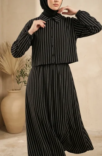 Gestreiftes Modal-Hijab-Set Mit Hemdkragen Zweiteilig 0328-03 Schwarz 0328-03