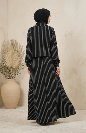Gestreiftes Modal-Hijab-Set Mit Hemdkragen Zweiteilig 0328-03 Schwarz 0328-03