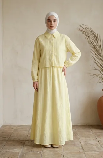Striped Modal Shirt Collar Hijab Two-Piece Set 0328-04 Yellow 0328-04