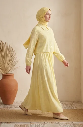 Striped Modal Shirt Collar Hijab Two-Piece Set 0328-04 Yellow 0328-04