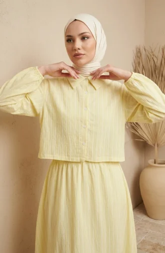 Striped Modal Shirt Collar Hijab Two-Piece Set 0328-04 Yellow 0328-04