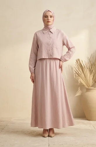 Ensemble Deux Pièces Chemise Rayée En Modal Et Hijab à Col Rose Poudré 0328-05 0328-05