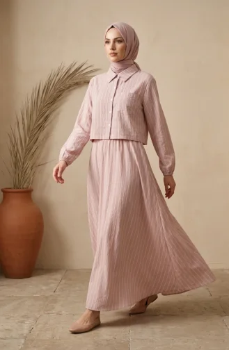 Ensemble Deux Pièces Chemise Rayée En Modal Et Hijab à Col Rose Poudré 0328-05 0328-05