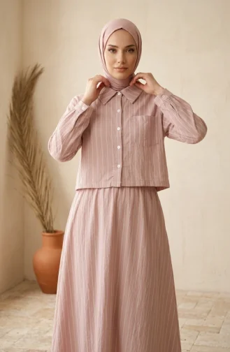 Ensemble Deux Pièces Chemise Rayée En Modal Et Hijab à Col Rose Poudré 0328-05 0328-05