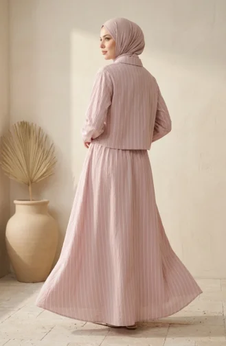 Ensemble Deux Pièces Chemise Rayée En Modal Et Hijab à Col Rose Poudré 0328-05 0328-05