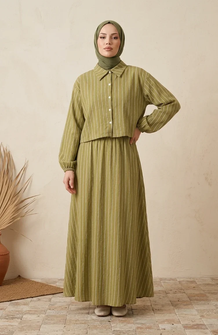 Gestreiftes Modal-Hemdkragen-Hijab-Zweiteiler-Set 0328-07 Khaki 0328-07