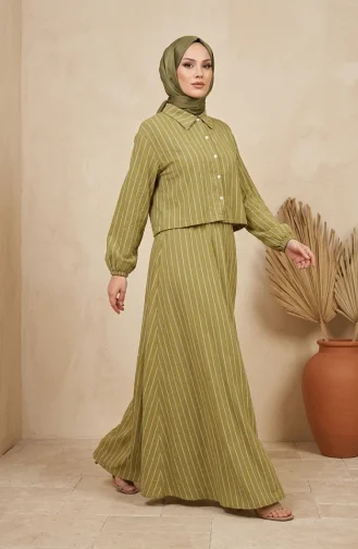 Gestreiftes Modal-Hemdkragen-Hijab-Zweiteiler-Set 0328-07 Khaki 0328-07