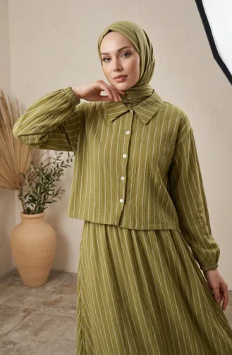 Gestreiftes Modal-Hemdkragen-Hijab-Zweiteiler-Set 0328-07 Khaki 0328-07