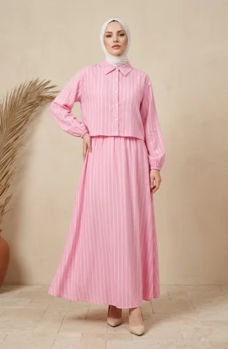 Gestreepte Modal Shirtkraag Hijab Tweedelige Set 0328-08 Roze 0328-08