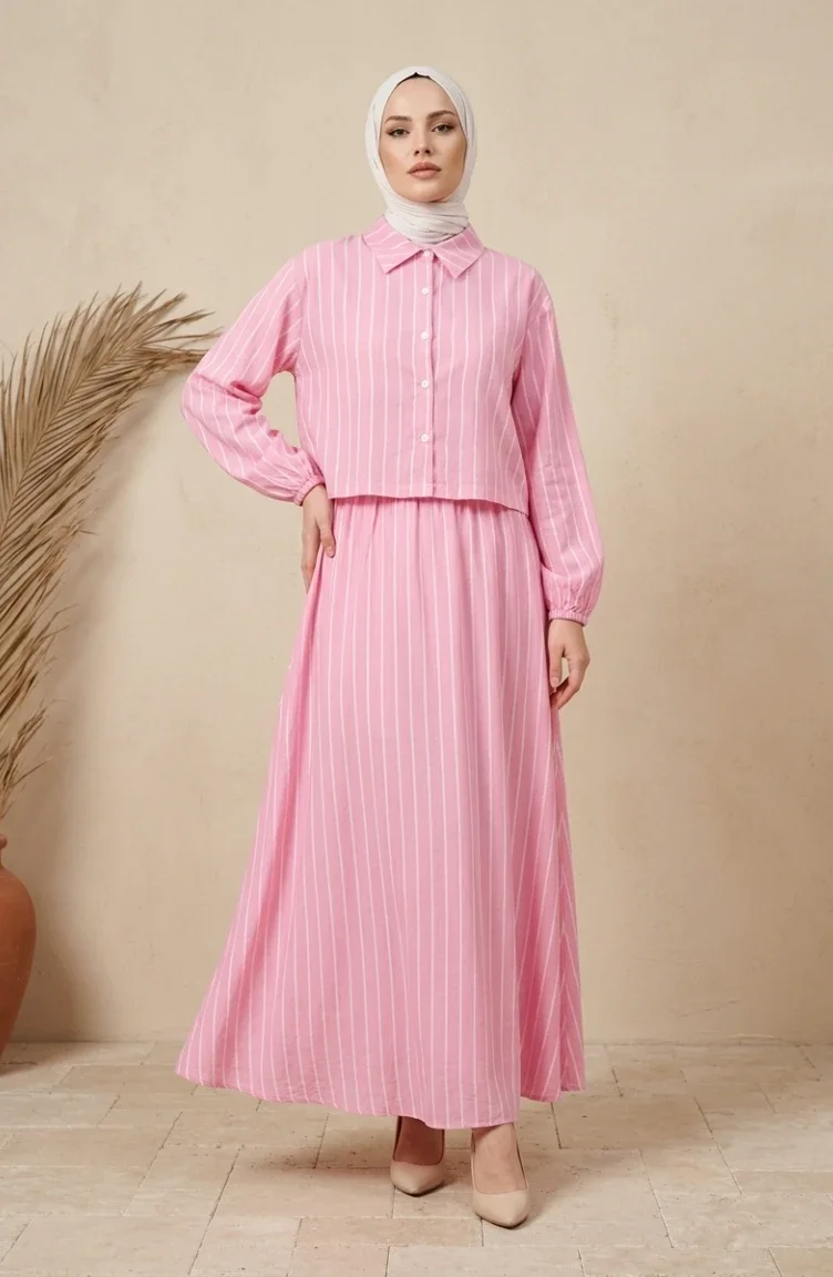 Gestreepte Modal Shirtkraag Hijab Tweedelige Set 0328-08 Roze 0328-08