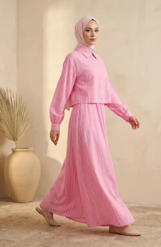 Gestreepte Modal Shirtkraag Hijab Tweedelige Set 0328-08 Roze 0328-08