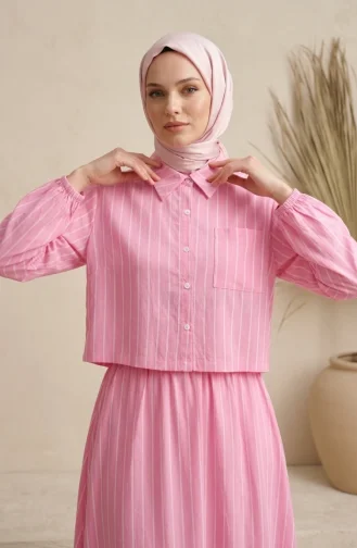 Gestreepte Modal Shirtkraag Hijab Tweedelige Set 0328-08 Roze 0328-08